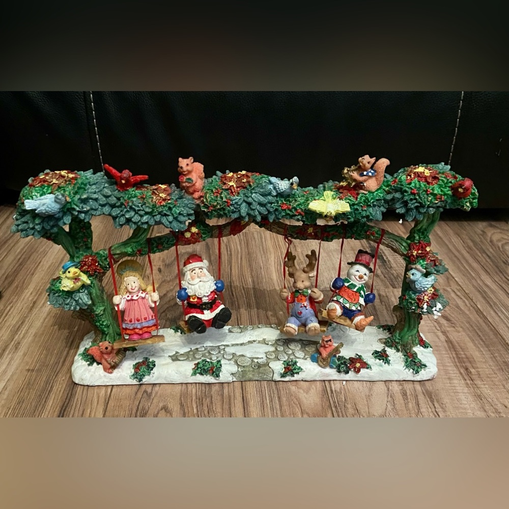 Vintage Santa Angel Reindeer Snowman On a Tree Swing Set Fine Polyresin 15”x8”